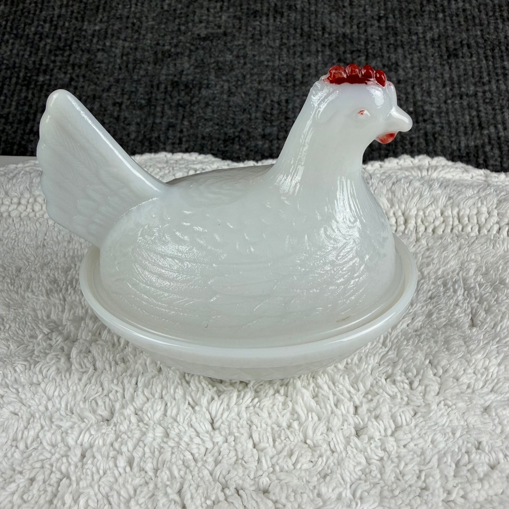 Westmoreland White Milk Glass Hen On Nest Candy Dish Basket Weave Red Comb